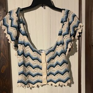 Zara Chevron Knit Crop Top - Blue and Cream
